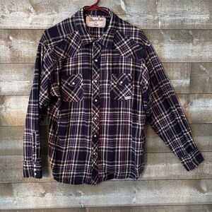 Wrangler Wrancher Men's Multicolor Plaid Button Flannel Shirt. Pearl Snaps.